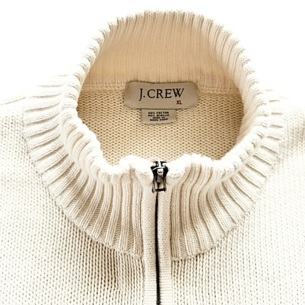 Vintage J. Crew Full Zip Fisherman Style Knit Sweater Mens XL Cream